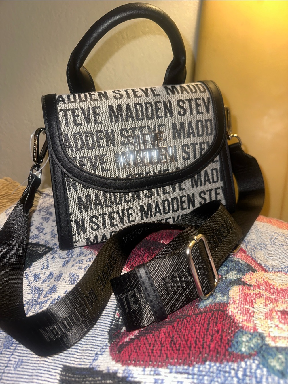 Steve Madden Black and White Logo Messenger Bag with Adjustable Strap